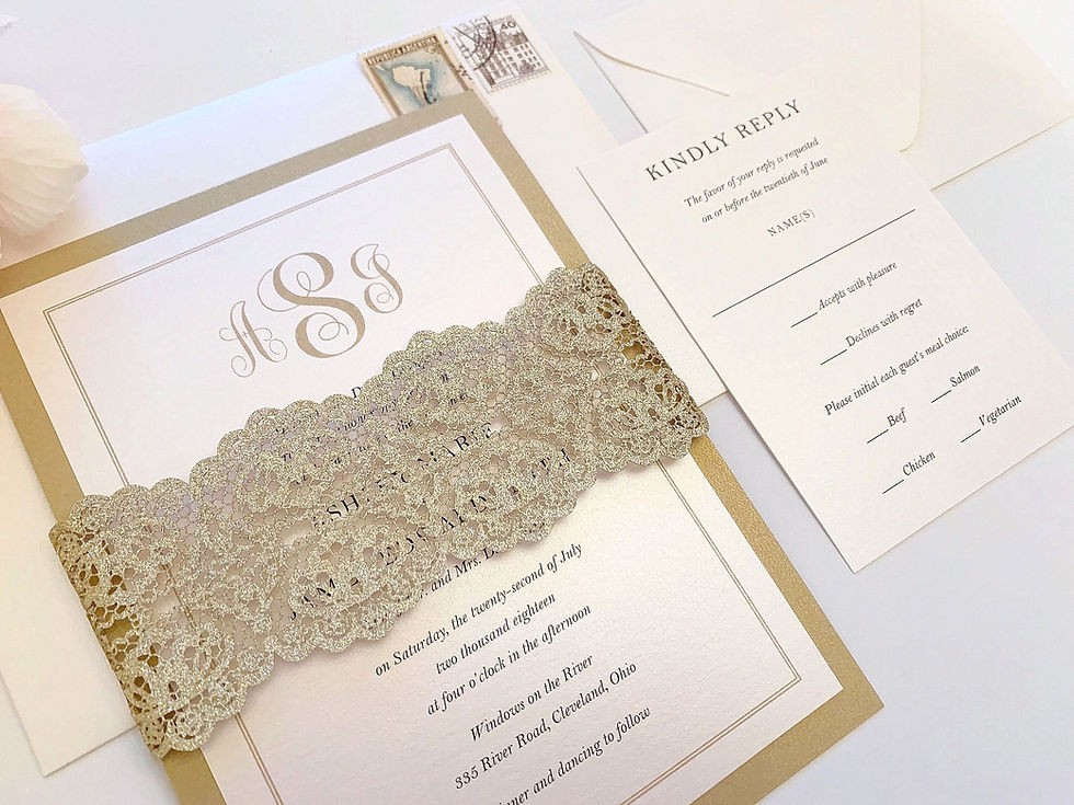 Thumbnail: Elegant Glitter Laser Cut Monogram Wedding Invitation by Red Heart Paper Wedding Invitations