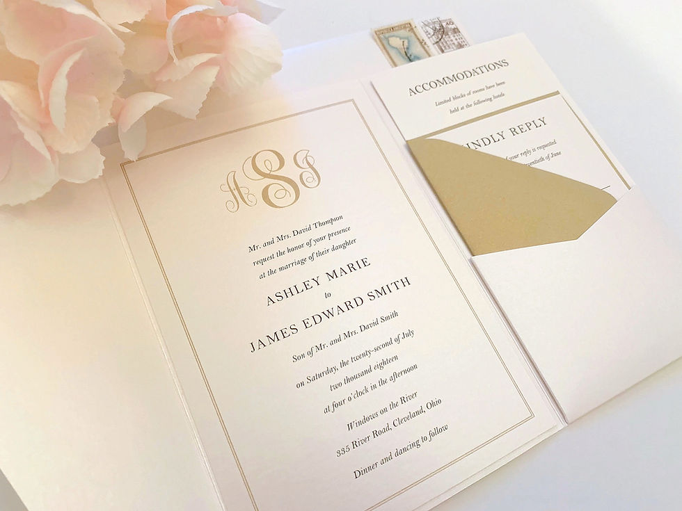 Thumbnail: Elegant Gold Glitter Laser Cut Pocketfold Wedding Invitation in Ivory and Gold by Red Heart Paper Wedding Invitations