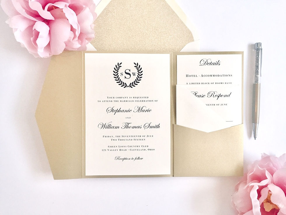 Thumbnail: LAUREL WREATH Pocketfold Wedding Invitation, RSVP & Details Card (Sample)