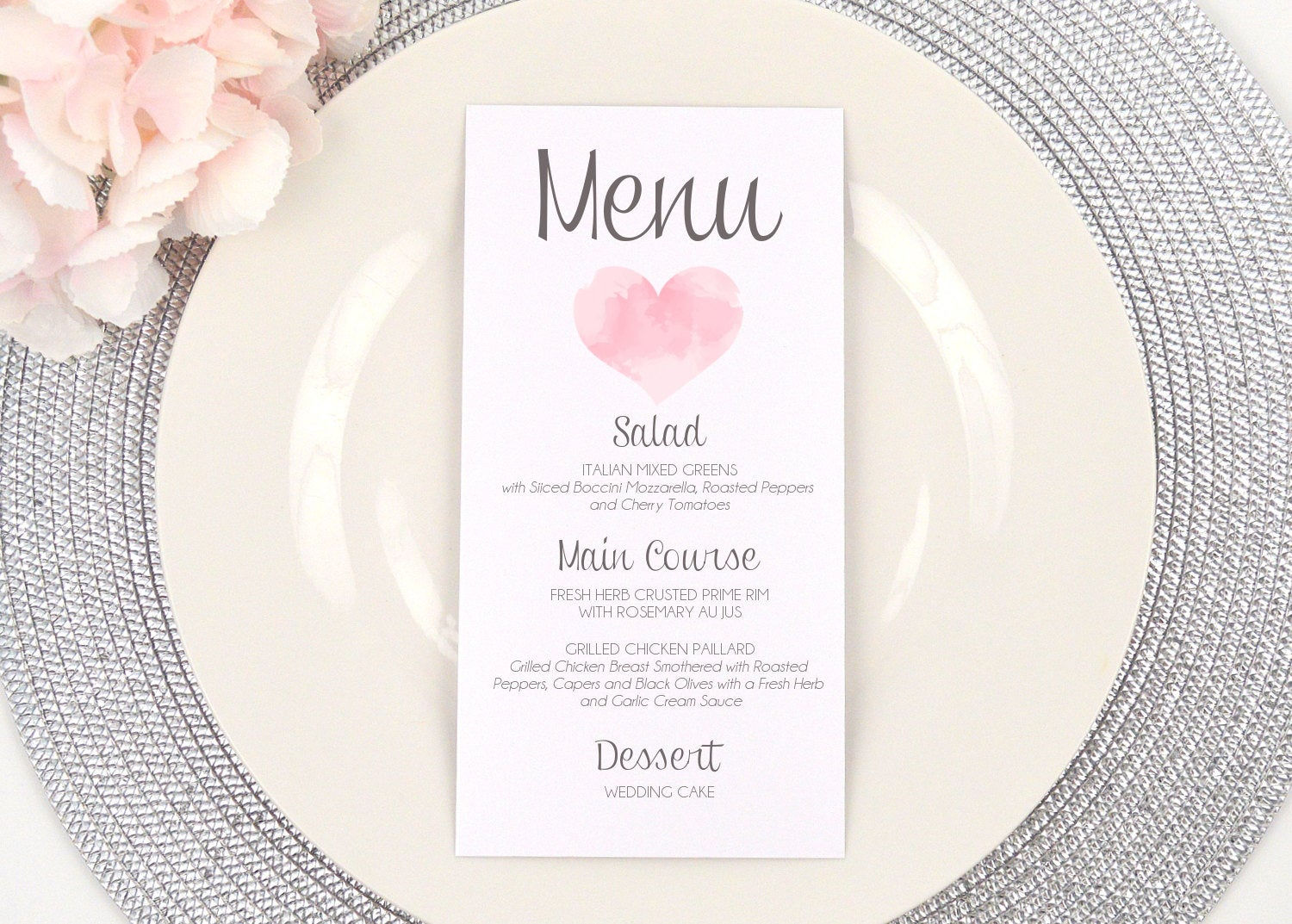 Watercolor Heart Wedding Menu