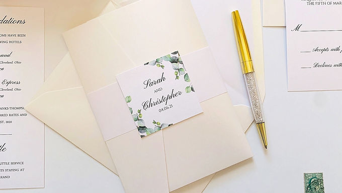 ELEGANT EUCALYPTUS Pocketfold Wedding Invitation, RSVP & Details Card (