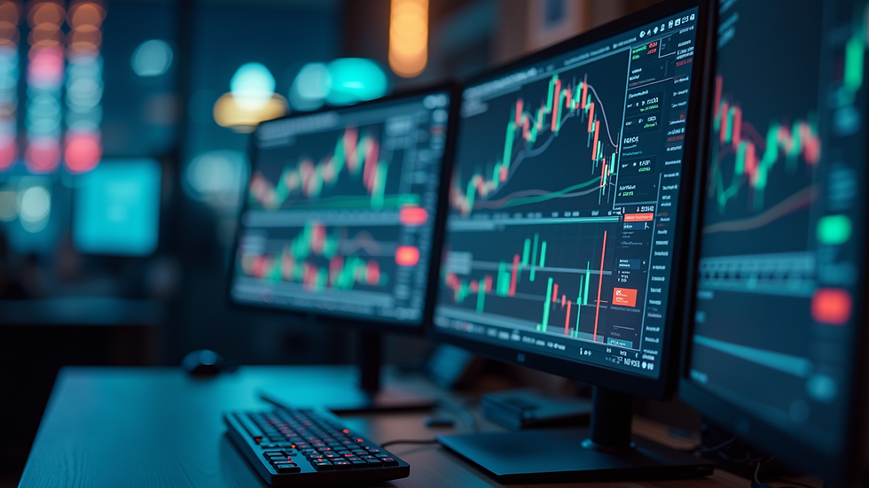 Close-up view of a trading desk with multiple monitors showing Forex charts