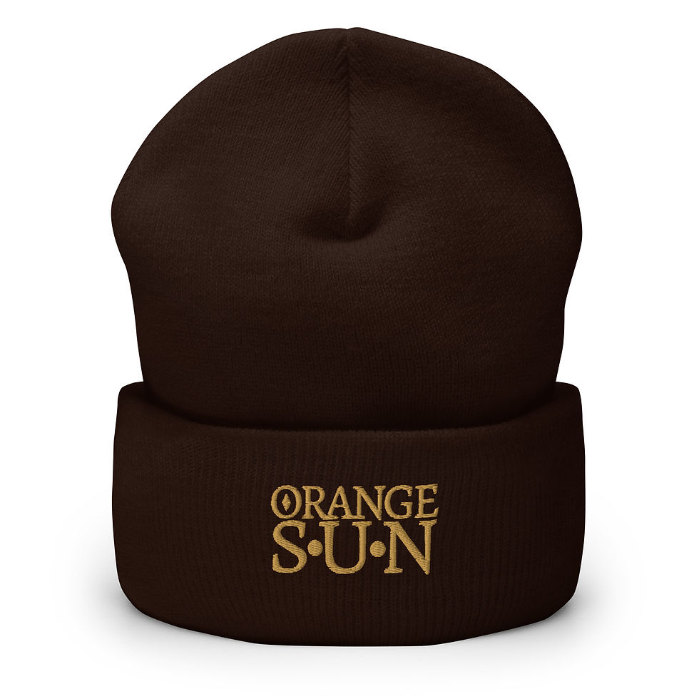 Miniaturbild: Braune Strickmütze mit goldener "ORANGE S.U.N." Stickerei