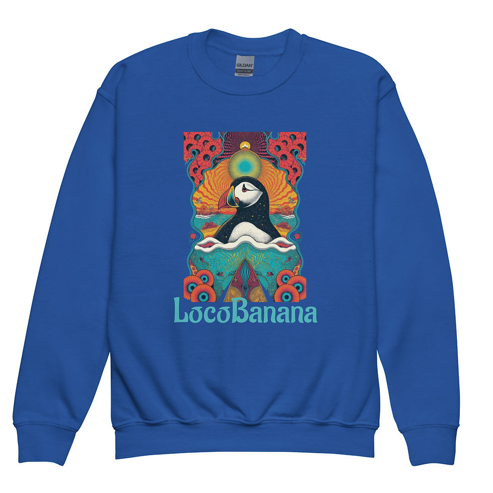 Miniaturbild: Blauer Sweatshirt mit Papageitaucher-Motiv und "Loco Banana"-Aufdruck