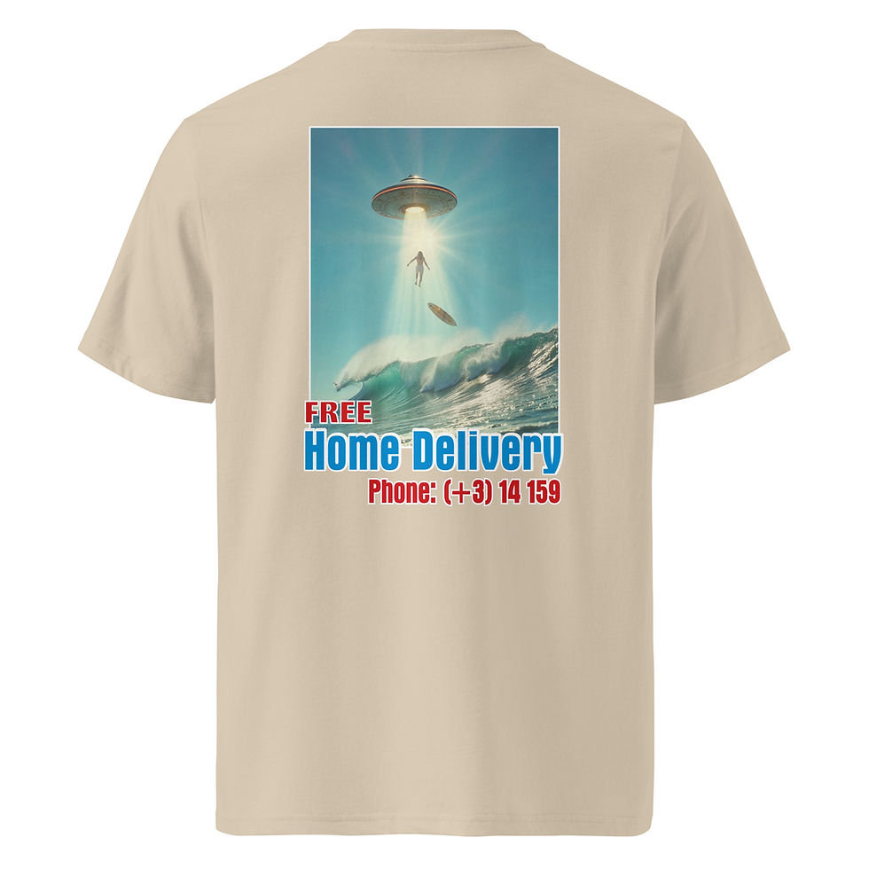 Thumbnail: Beige T-Shirt mit UFO-Motiv: "Home Delivery"
