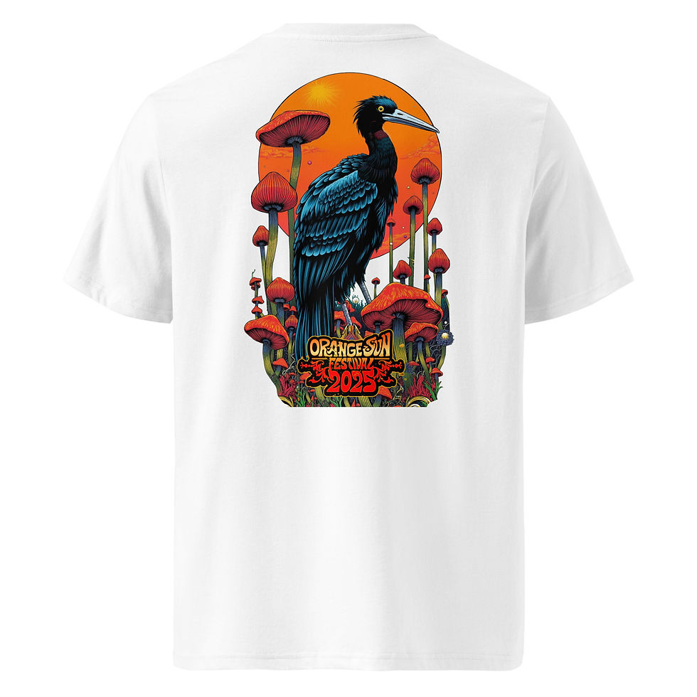 Thumbnail: Weißes T-Shirt mit Vogel- und Pilzmotiv