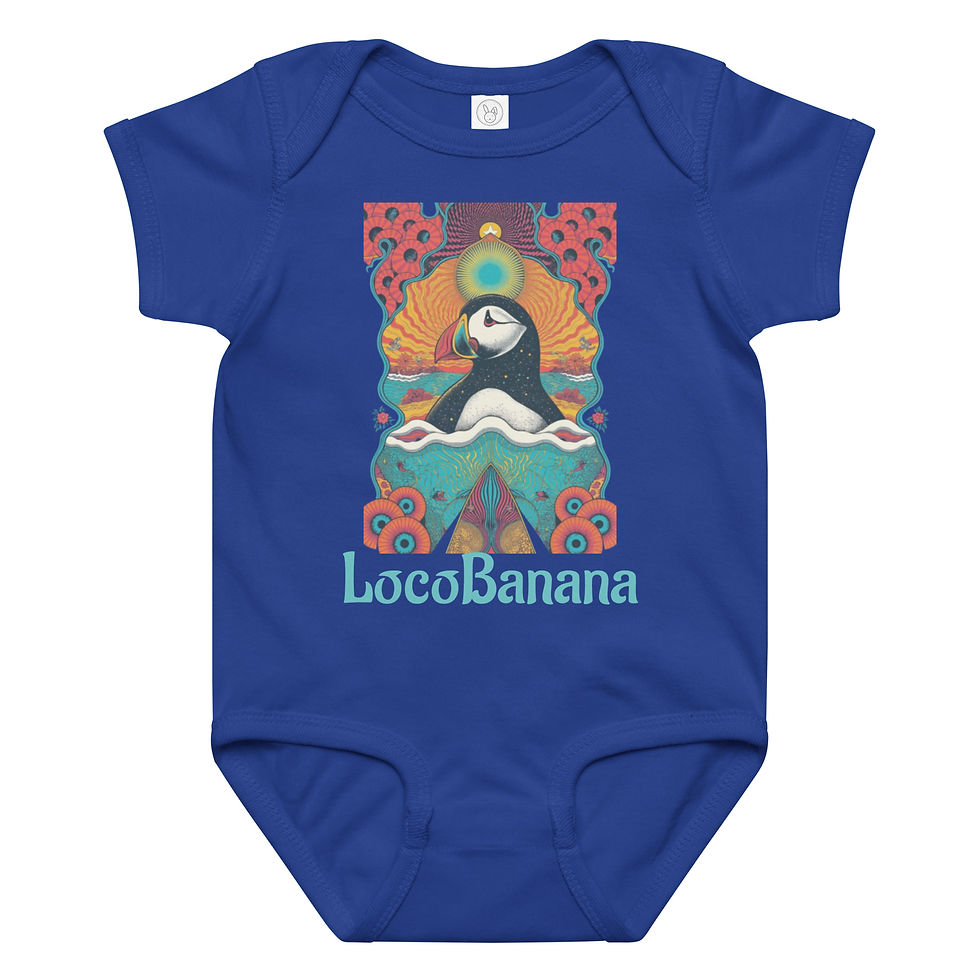 Thumbnail: Blauer Baby-Strampler mit Pinguinmotiv und "LocoBanana"-Aufdruck