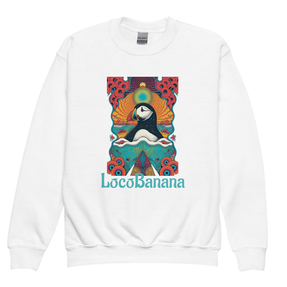 Miniaturbild: Weißer Pullover mit Papageitaucher-Motiv und "LocoBanana"-Schriftzug