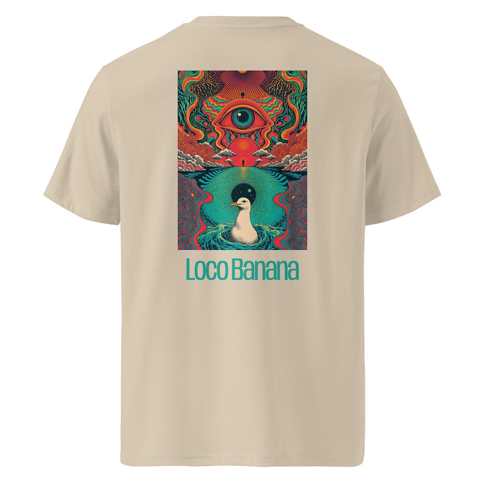 Thumbnail: Beigefarbenes Baby-Jersey-T-Shirt mit psychedelischem Aufdruck und "Loco Banana"-Logo.