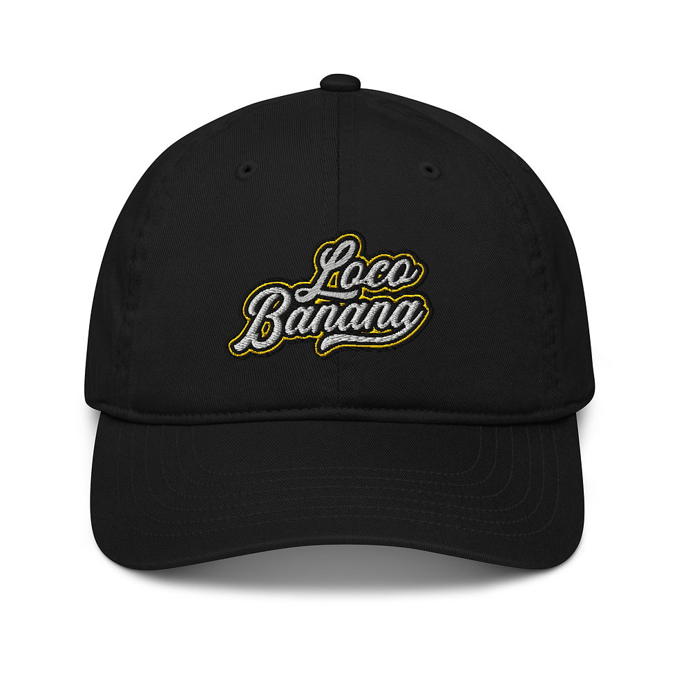 Thumbnail: Ein Basecap in der Farbe schwarz, auf welchem der Schriftzug "Loco Banana" in gestickter Form auf der Vorderseite zu sehen ist.