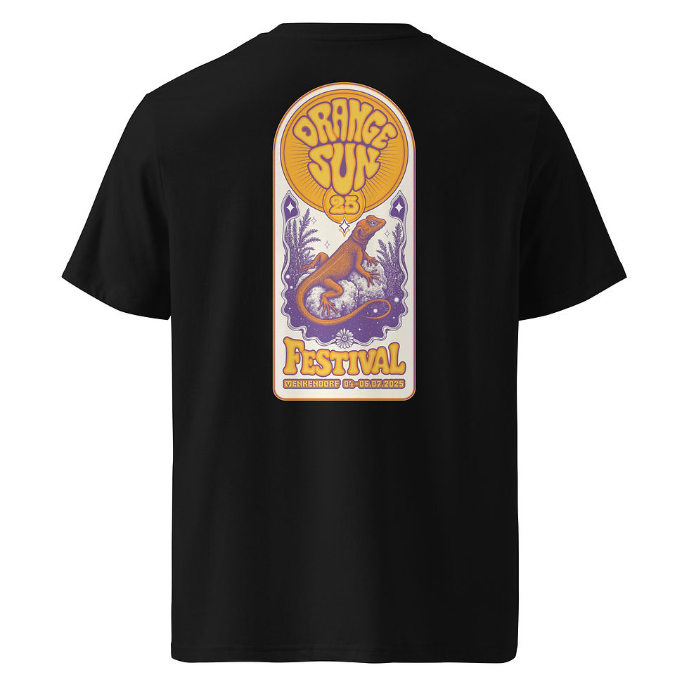 Miniaturbild: Schwarzes T-Shirt mit Eidechsen-Motiv und "Orange Sun"-Aufdruck