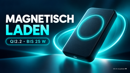 Abstrahierte magnetische Powerbank vor türkisfarbenem Ladekreis, Header zum iPhone-18-Pro-Max-Qi2-Powerbankvergleich.