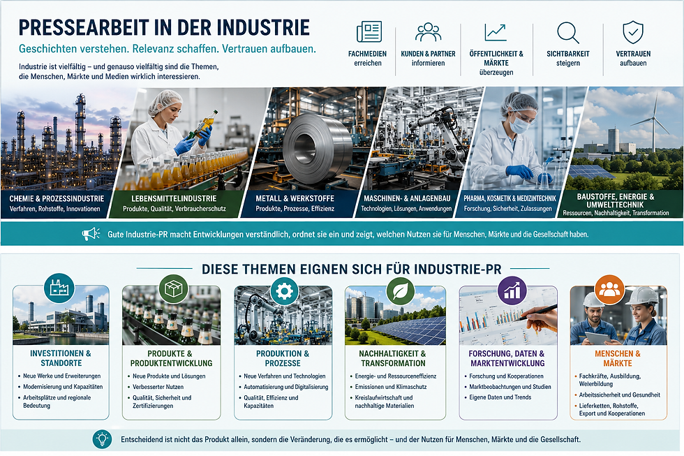 PR in der Industrie: Verstehen Sie Geschichten, schaffen Sie Relevanz und bauen Sie Vertrauen auf. Themenschwerpunkte wie Chemie, Lebensmittel, Metall, Maschinenbau, Pharma und Umweltschutz sind entscheidend, um Entwicklungen verständlich zu machen und Nutzen für Gesellschaft und Märkte zu zeigen.