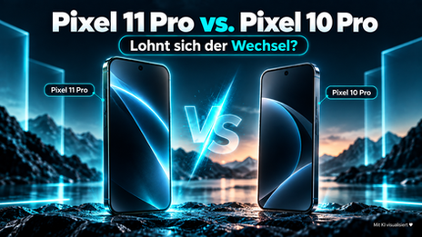 Mit KI visualisiert: Vergleich des Pixel 11 Pro links und Pixel 10 Pro rechts, beide als schlanke Smartphone-Silhouetten im dunkelblau-türkisen 16:9-Design mit eindeutig zugeordneten Modellbezeichnungen.