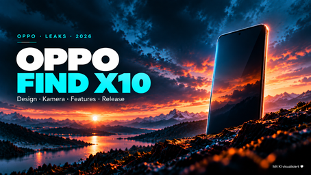 OPPO Find X10: neutrale, nicht erkennbare Smartphone-Silhouette vor türkis-orangefarbener Landschaft; ohne Logos. Mit KI visualisiert.