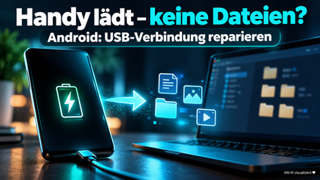 Mit KI visualisiert: Abstrakter Android-USB-Header im dunkel-tuerkisen Blogdesign. Ein generisches Smartphone laedt am Windows-PC, die Datenuebertragung wird symbolisch wiederhergestellt.