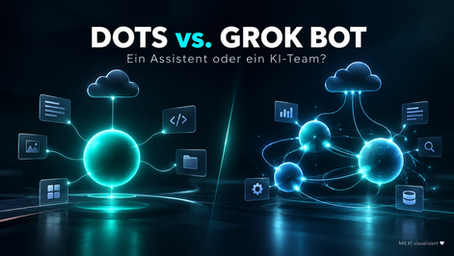 OpenAI Dots vs. Grok Bot: Ein persönlicher KI-Agent im Vergleich zu einem Team aus spezialisierten KI-Agenten, schematisch in Türkis visualisiert
