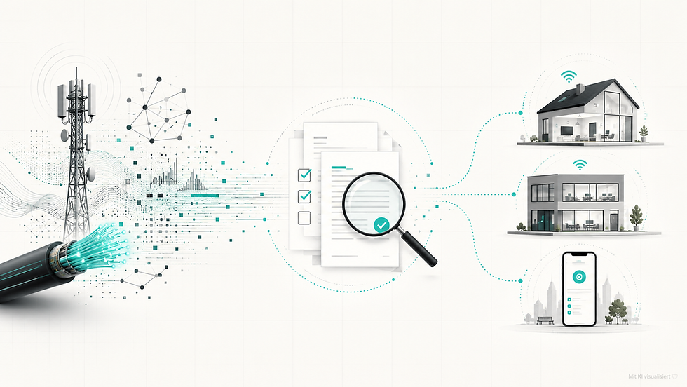 In der Illustration wird die Vernetzung zwischen einer Mobilfunkantenne und Haushalten sowie Bürogebäuden über Glasfaserkabel dargestellt, wobei der Datenfluss durch ein Dokumentenprüfungssymbol symbolisiert wird.