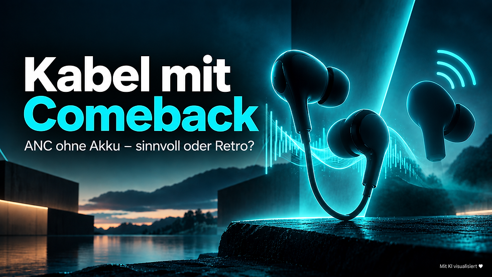Dunkel-türkise Konzeptgrafik: kabelgebundene In-Ears mit ANC und kabellose Kopfhörer im Vergleich, ohne originalgetreue Produktnachbildung. Mit KI visualisiert ♥