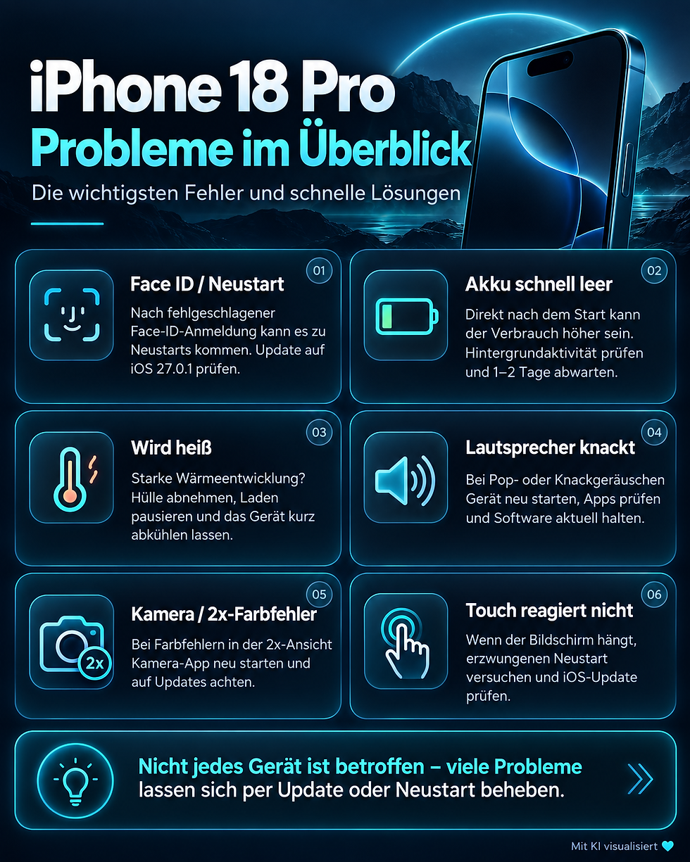 iPhone 18 Pro Probleme als KI-Infografik mit sechs Themen: Face ID und Neustarts, hoher Akkuverbrauch, Überhitzung, knackende Lautsprecher, 2-fach-Kamerafarben und nicht reagierender Touchscreen – mit möglichen Lösungen. Mit KI visualisiert ♥