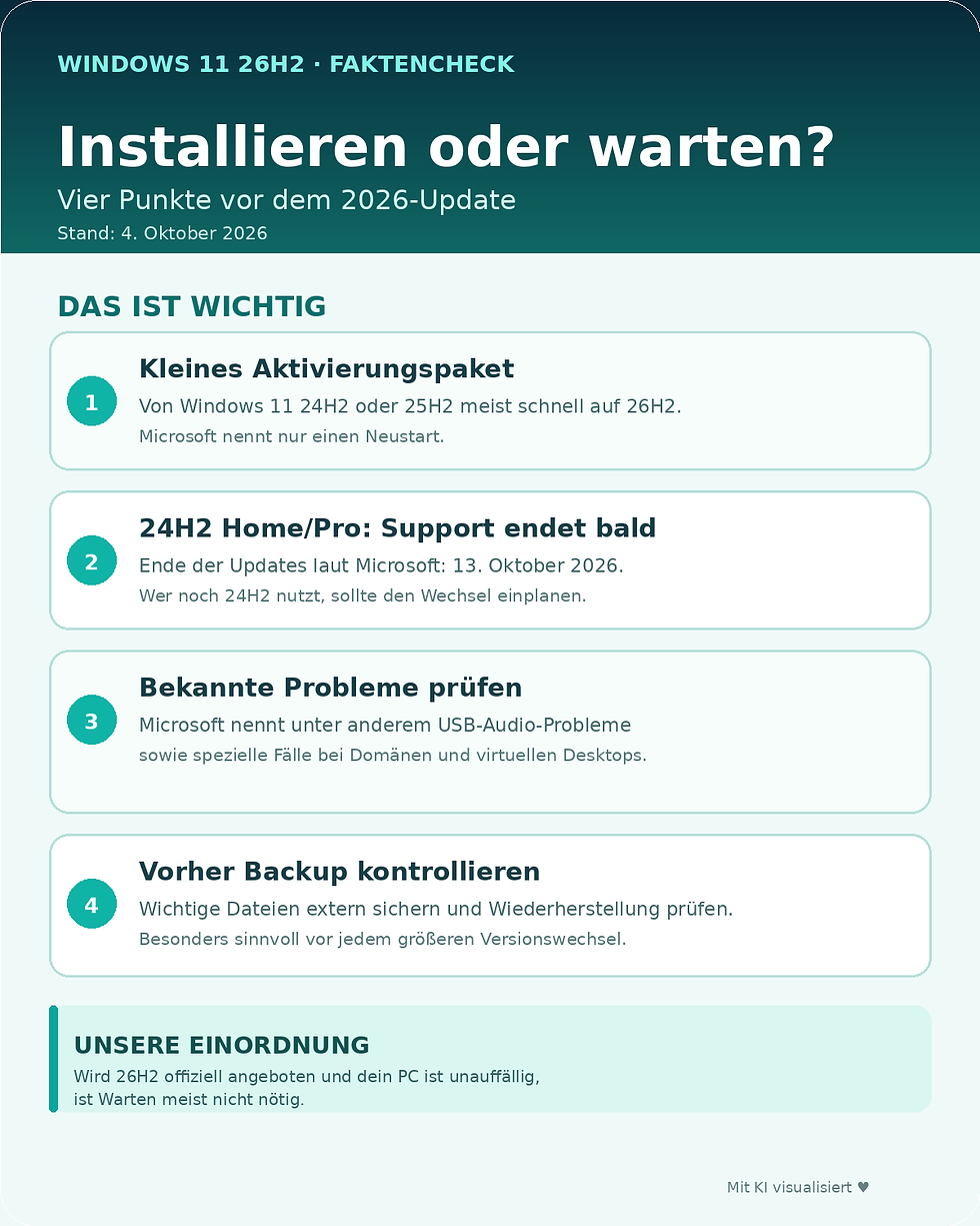 Infografik Windows 11 26H2: Aktivierungspaket, Supportende von 24H2 Home und Pro am 13. Oktober 2026, bekannte Probleme und Backup-Hinweis. Mit KI visualisiert.