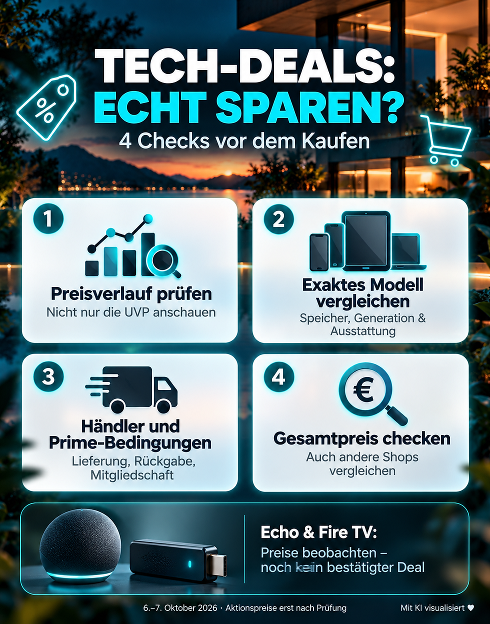Hochkantgrafik in Türkis mit vier Kontrollen für Prime Deal Days: Preisverlauf, exakte Produktvariante, Händler- und Prime-Bedingungen sowie Gesamtpreis. Abstrakte Produkte ohne originalgetreue Abbildungen. Mit KI visualisiert ♥