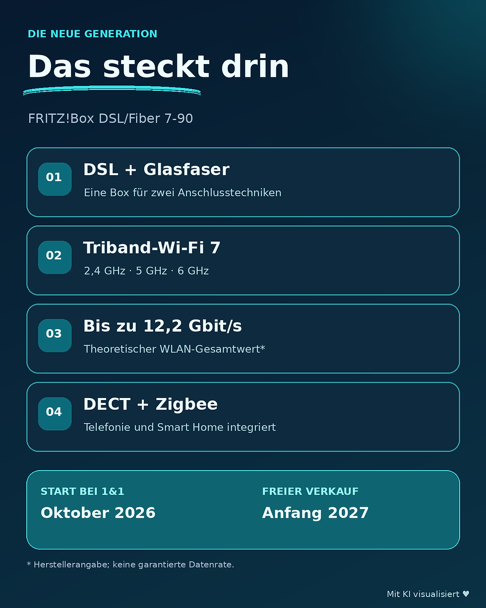 Infografik: Wi-Fi 7, DSL und Glasfaser, DECT und Zigbee sowie Marktstart der neuen FRITZ!Box 7-90 – KI-Visualisierung