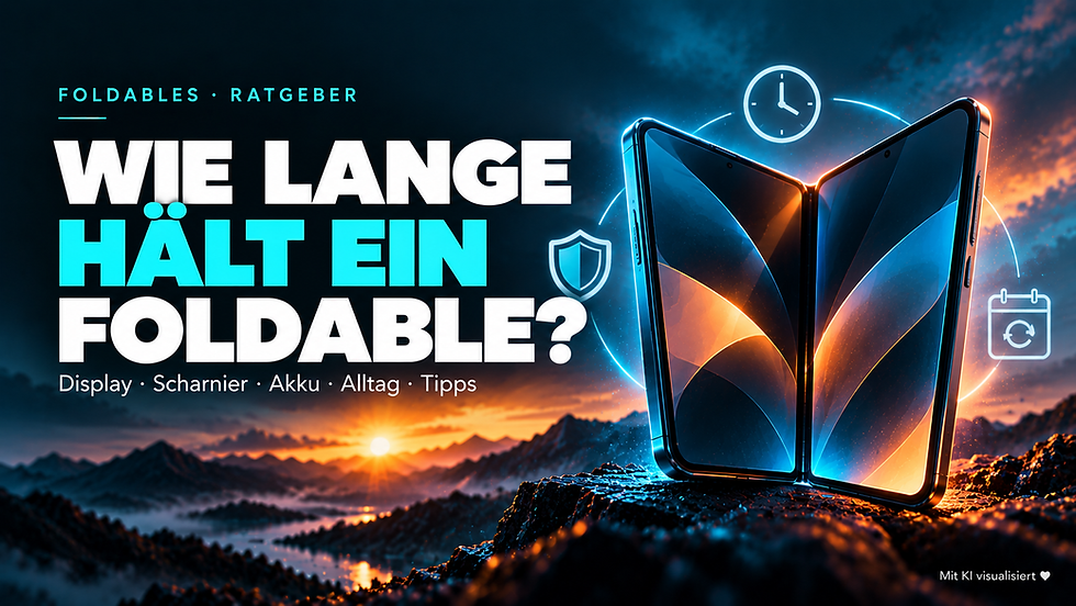 Wie lange hält ein Foldable? Symbolisches faltbares Smartphone mit Uhr und Schutzsymbolen in Türkis und Orange – ohne Markenlogo, mit KI visualisiert