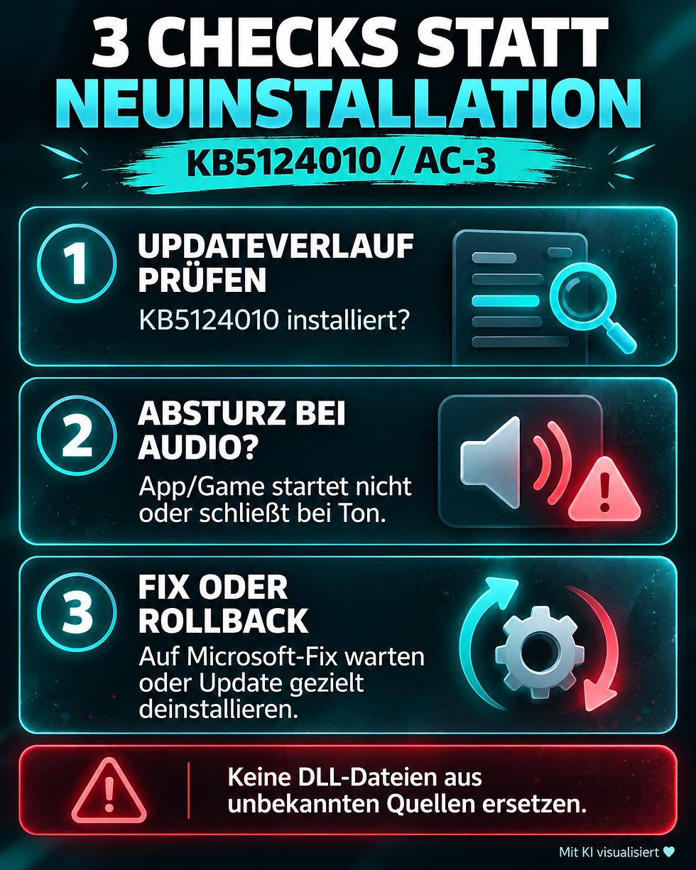 Mit KI visualisiert: Drei Checks bei KB5124010 und AC-3-Fehlern – Updateverlauf prüfen, Audio-Absturz eingrenzen, auf Microsoft-Fix warten oder Update gezielt zurückrollen; keine unbekannten DLL-Dateien ersetzen.