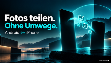 Quick Share und AirDrop: Abstrakte, nicht originalgetreue Smartphone-Silhouetten für plattformübergreifende Dateiübertragung. Mit KI visualisiert ♥