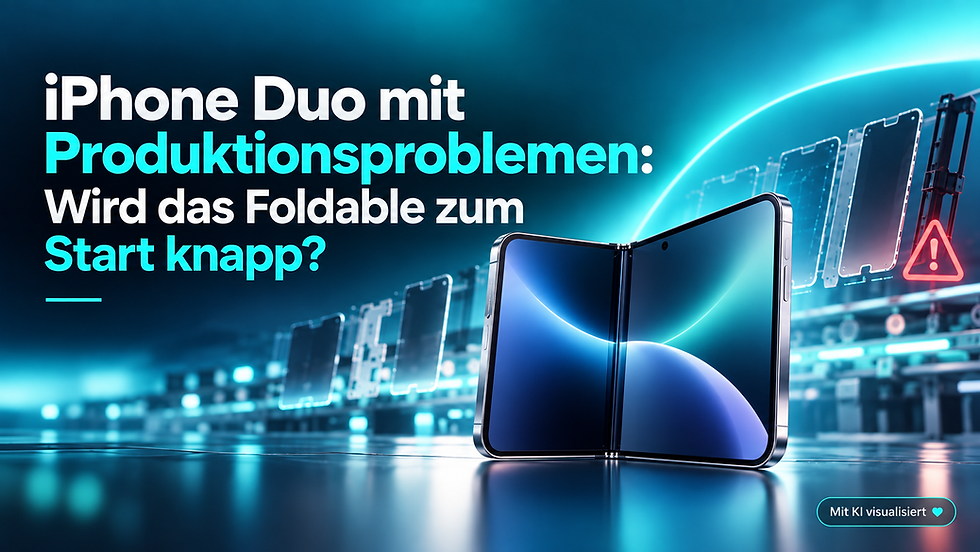 Schematisches iPhone-Duo-Foldable vor einer Produktionsstraße mit Warnsymbol: mögliche Produktionsprobleme und Startverfügbarkeit. Mit KI visualisiert ♥