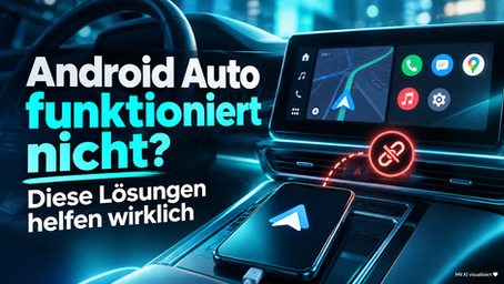 KI-visualisiertes Auto-Cockpit mit Navigationsdisplay und Smartphone: Rotes Symbol zeigt unterbrochene Android-Auto-Verbindung. Mit KI visualisiert ♥