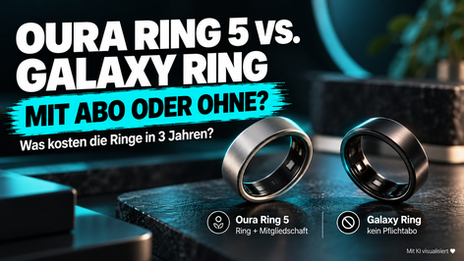 Mit KI visualisiert ♥: Oura Ring 5 versus Samsung Galaxy Ring im dunklen Premium-Studio, türkisfarbener Markerstrich Mit Abo oder ohne? und zwei symbolische Smart-Ringe.