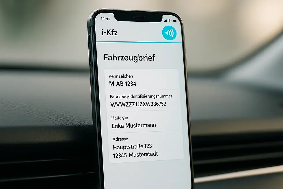 Smartphone mit geöffnetem digitalen Fahrzeugschein in der i-Kfz-App auf einem Autobrett.