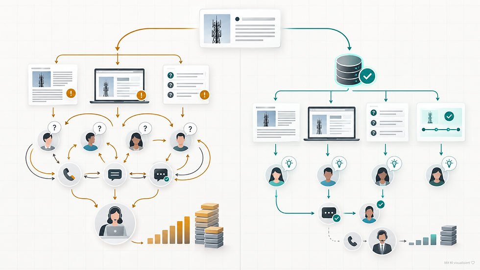 Vergleich von unklarer und abgestimmter Telekommunikationskommunikation mit Auswirkungen auf Customer Journey, Kontaktvolumen und Servicekosten