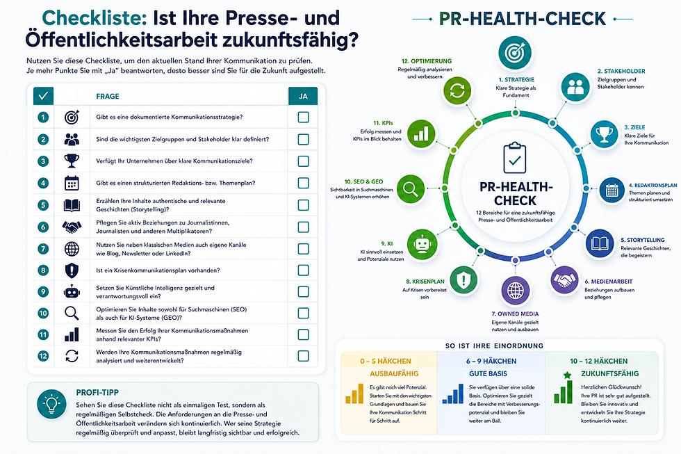 Checkliste zur Zukunftsfähigkeit Ihrer Presse- und Öffentlichkeitsarbeit mit 12 entscheidenden Bereichen, um Ihre Kommunikationsstrategie zu optimieren und erfolgreich in die Zukunft zu führen.