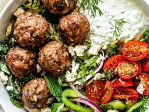 One Skillet Greek Meatballs with Tzatziki Sauce