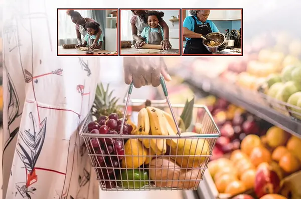 A person holding a grocery basket filled with fresh produce, featuring inset photos of family baking and preparing sweet treats.