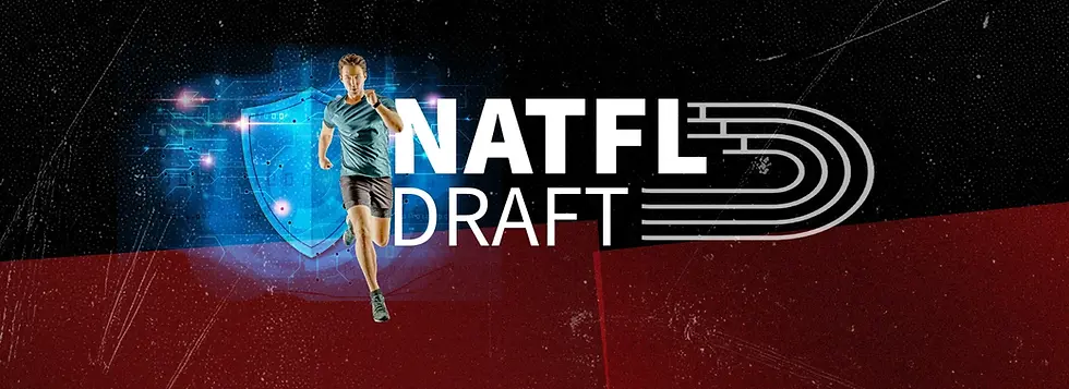 Digital graphic promotes the "NATFL Draft," featuring a runner in motion against a backdrop of digital circuitry and athletic imagery.