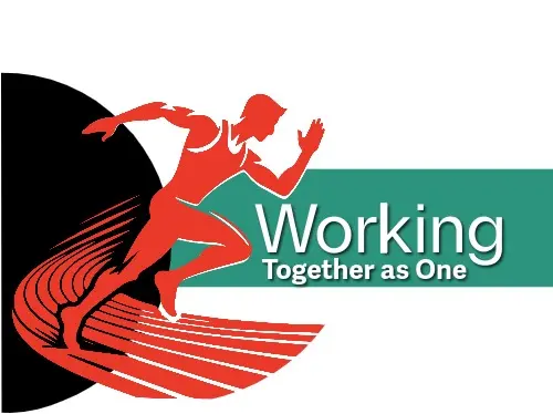 A graphic illustration features a stylized runner in mid-stride, symbolizing progress and collaboration, with the accompanying text "Working Together as One."