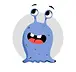 A cartoon illustration features a blue, blob-like alien creature with wide eyes and an open mouth, set against a light gray circular background.