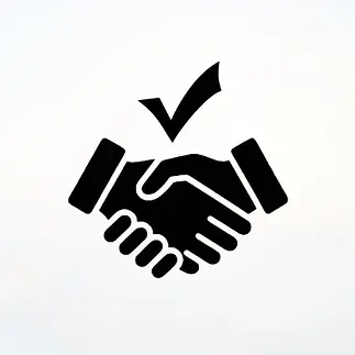 A bold, black and white graphic icon symbolizes agreement and approval with a handshake and a checkmark.