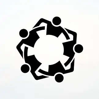 A minimalist, black and white graphic icon of a group of people in a circular huddle, symbolizing unity and collaboration.