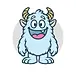 A cheerful, cartoonish blue monster with large eyes and a wide grin is presented in a simple, isolated illustration.