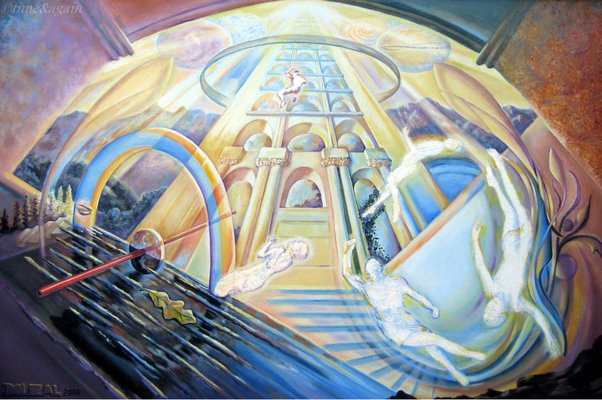 Surreal oil painting depicting the soul’s journey beyond the cycle of rebirth. Figures of light ascend through an ethereal temple toward radiant cosmic realms, while a maple leaf drifts across dark waters below — symbolizing time, transformation, and release from desire.