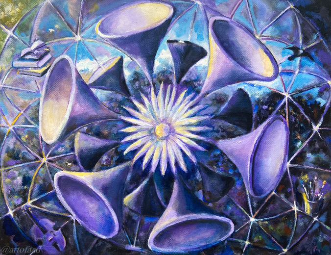 Funnel like objects surround an aster and symbolize art, music and literature that connect the world.