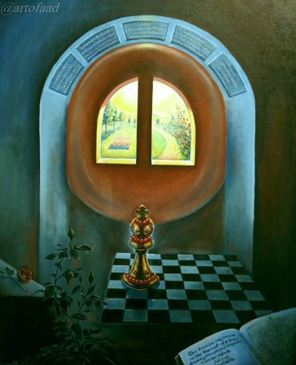 An oversized chess figure and a poppy symbolize man's quest for enlightenment.