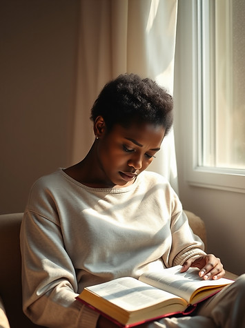A soft, realistic photograph of an african american Christian woman in her early 30s sitti