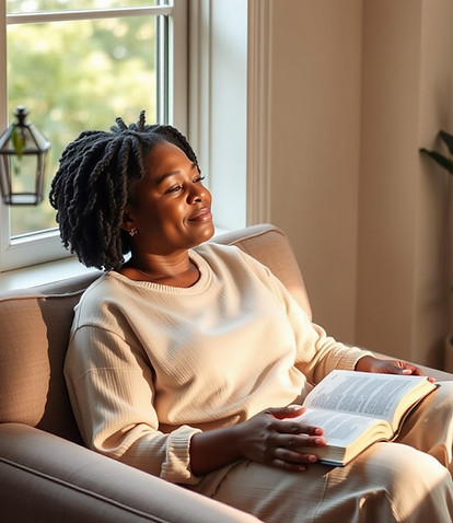 A soft, realistic photograph of the same african american Christian woman in her 30s sitti