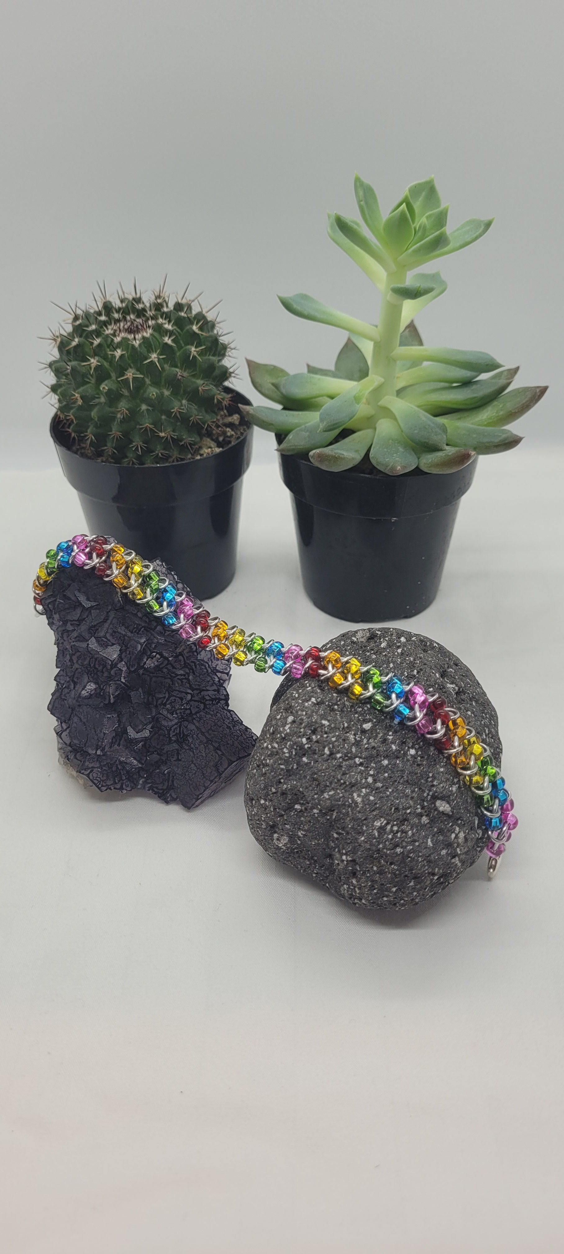 Multi Beaded Caterpillar Bracelet - Silver Rainbow